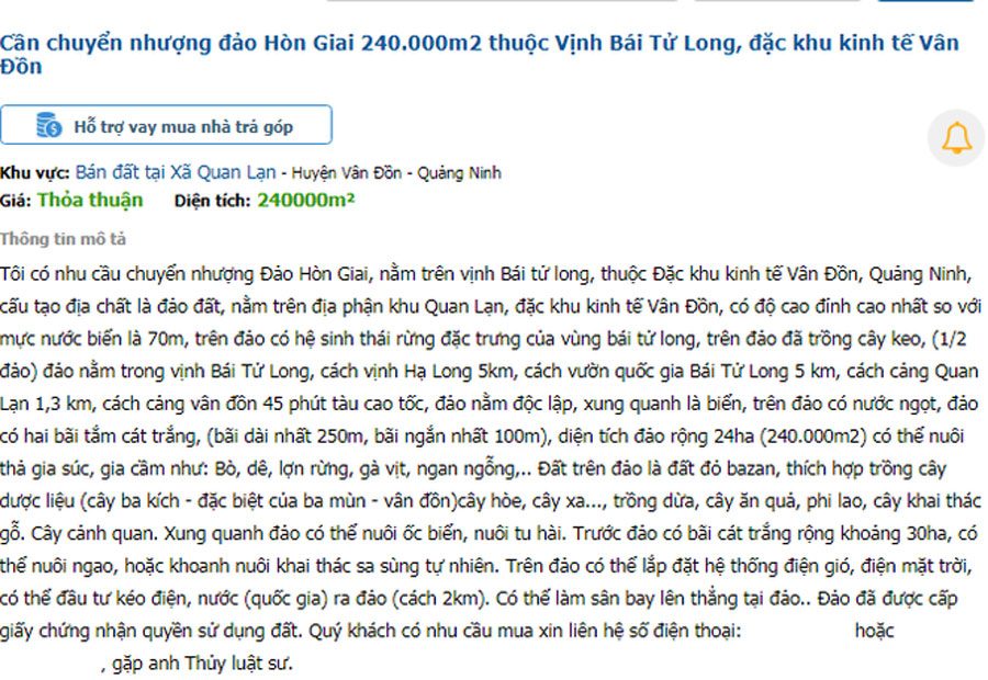 a broker for sale Hon Giai island in Bai Tu Long Bay