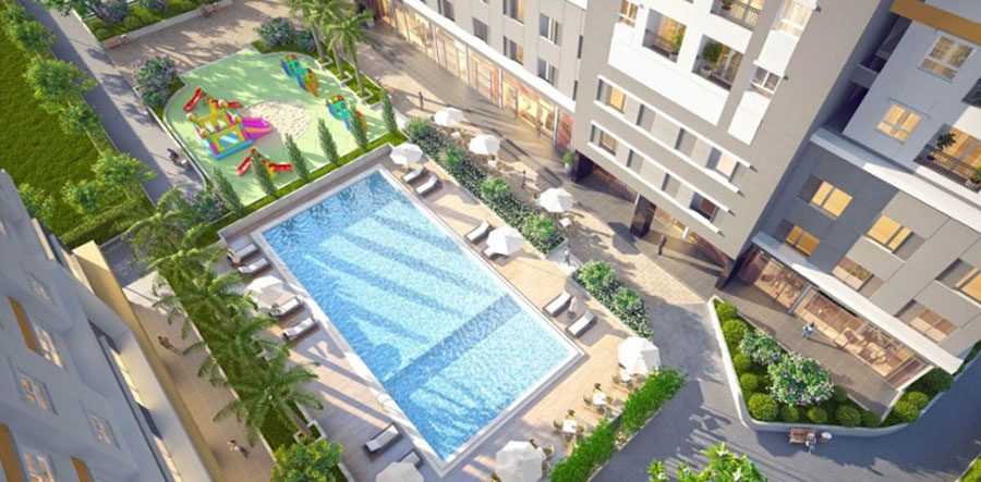 Swimming pool and children's play area at the Sunshine Avenue apartment project
