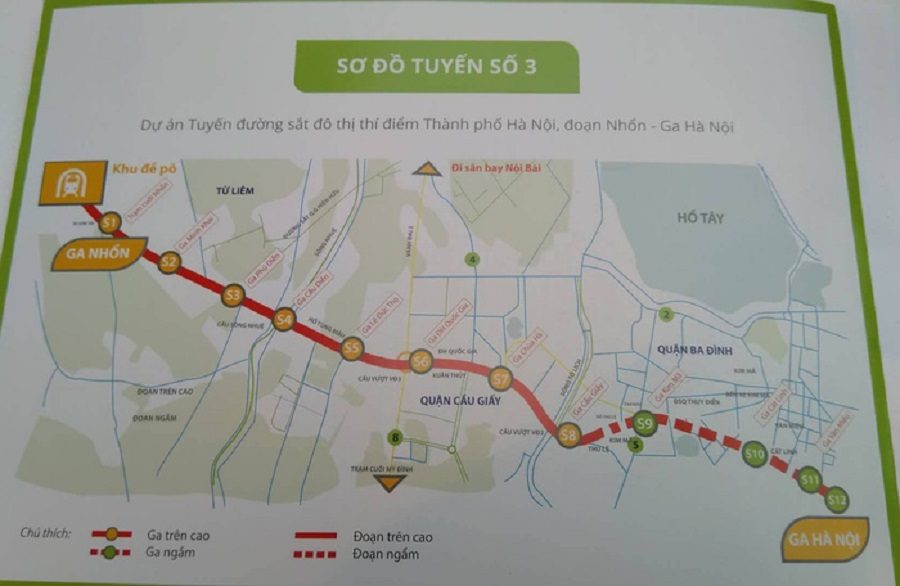 The map of the third metro line Nhon - Hanoi railway